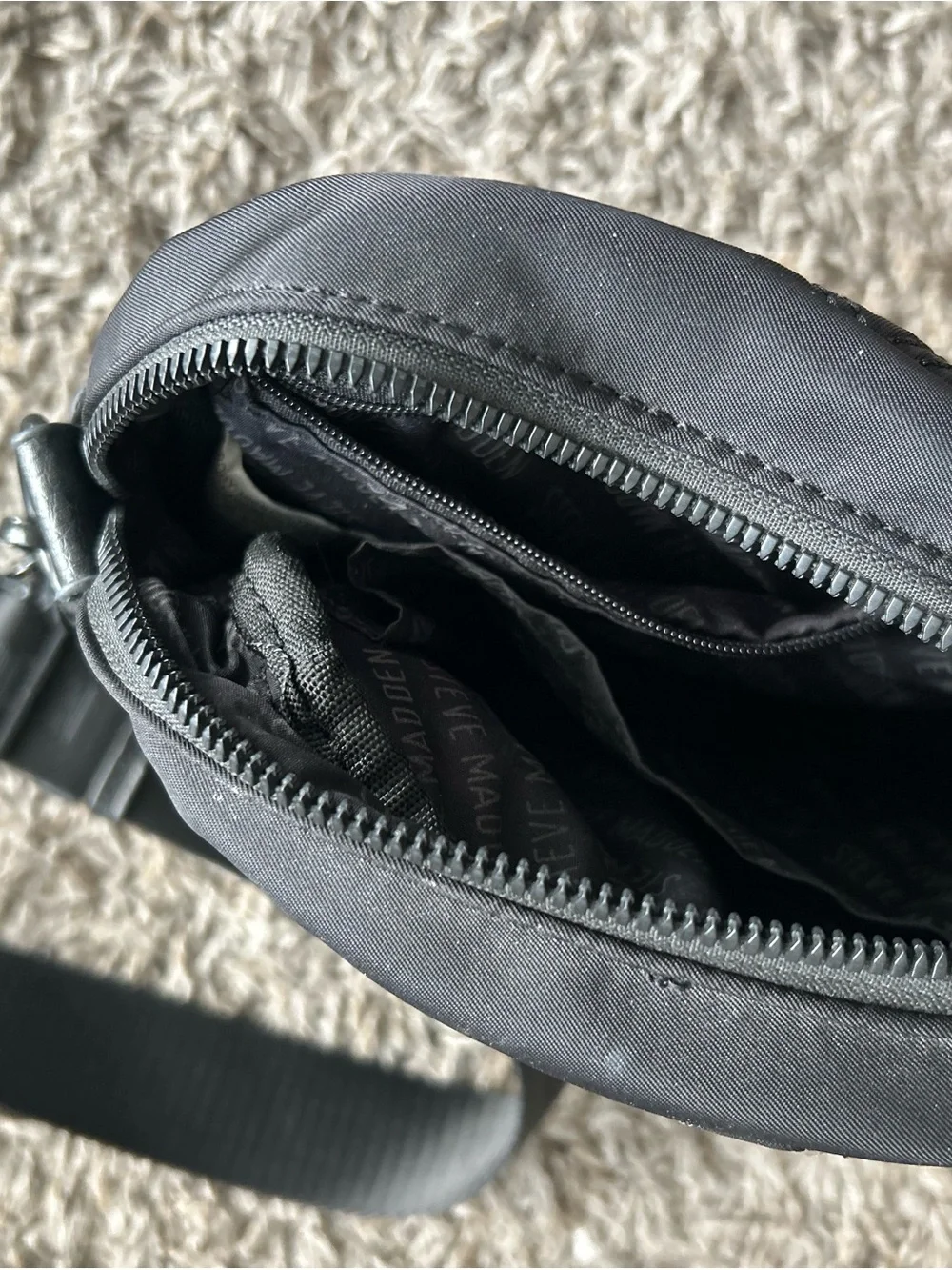 Steve Madden Black Quilted Crossbody Bag | Logo Strap Sling Bag